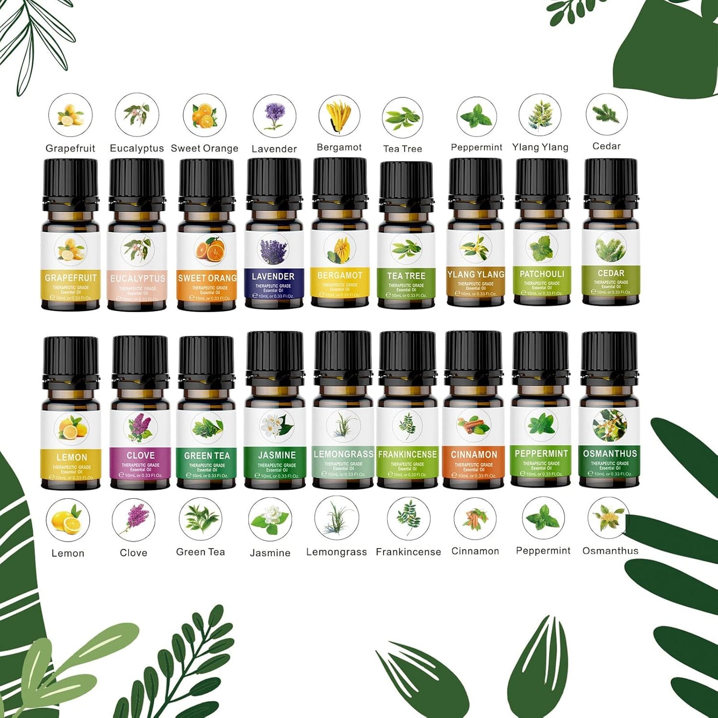 Essential Oils Set of 20x10ml, 100% Organic Essential Oil, Lavender, Ylang Ylang, Tea Tree, Eucalyptus Scented Oil, Essential Oils for Diffusers for Home, Candle Making, Humidifiers (20)
