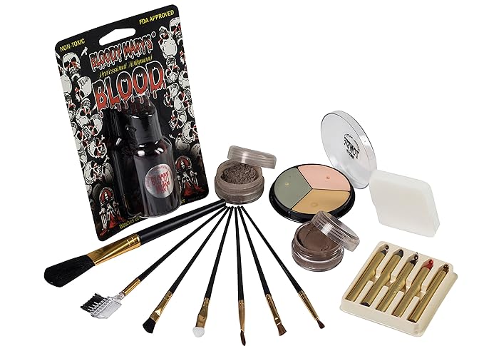 Zombie Makeup Kit By Bloody Mary - Halloween Costume Special Effects Palette - Walking Dead FX Makeup Tools - 5 Crayons, Blood, Setting Powder, 4 Application Brushes, 1 Sponge - Carrying Case Included