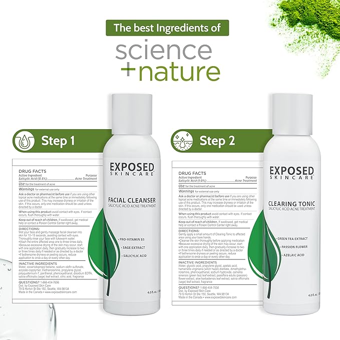 Exposed Skin Care Basic Acne Treatment Kit - Includes Salicylic Acid Face Wash, Clearing Tonic, Treatment Serum with Benzoyl Peroxide, Clear Pore Serum - Natural Acne Solution for All Skin Types