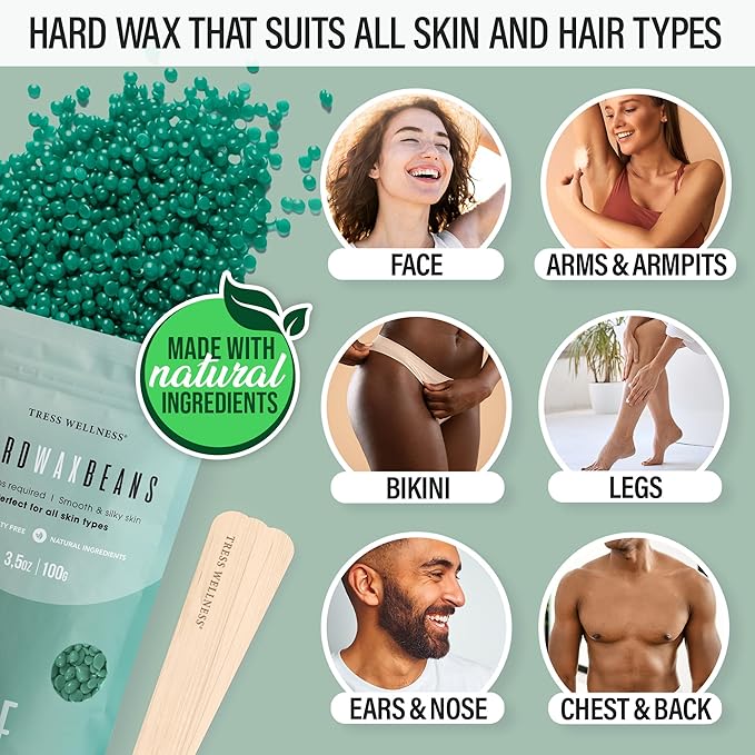 Tress Wellness Waxing Kit for Sensitive Skin – Safe for Face & Skin, Prep & Aftercare Spray, Easy to Use – At-Home Kit for Face, Bikini, Brazilian & Full Body - Digital Display, Green Mountain
