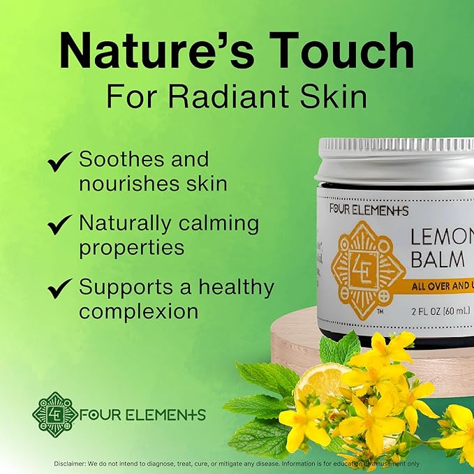 Four Elements Lemon Balm Face Moisturizer Cream - 2 Oz | Herbal Face Cream with Organic Lemon Balm, Chamomile, Shea Butter & Vitamin E | Body Hydrating Moisturizer Beauty Essential