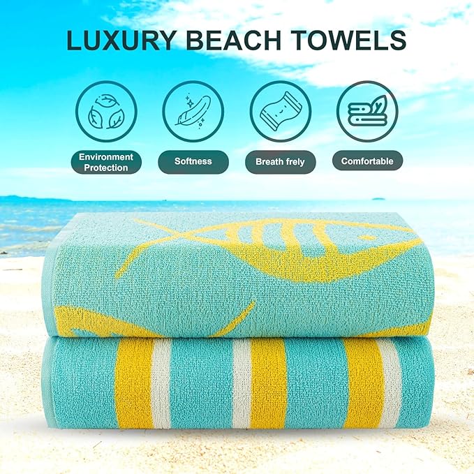 CASA COPENHAGEN Miami Bath Sheets Designed in Denmark Rough and Tough, Quick Dry, for Pool, Bath & Shower 35"x70", 2 Pieces Cotton Beach Towels Set - Fish Teal + Yellow Stripe