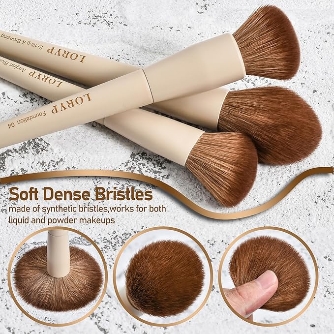 LORYP Makeup Brushes Set Labeled 18 Piece Face and Eye Brush Set Ultra soft hair Foundation, Concealer, Blush, Contour, Blending, Eyeshadow Khaki Brush kit
