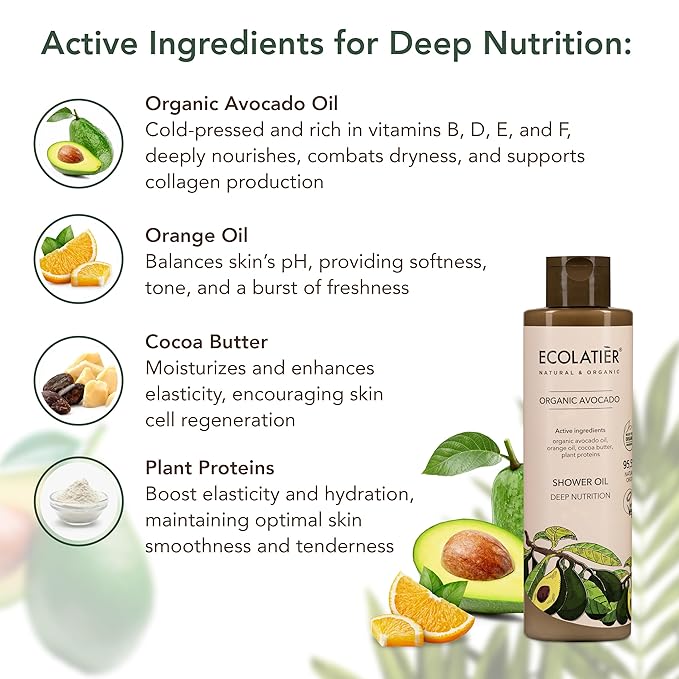 ECOLATIÈR Shower Oil – Organic Argan, Coconut, or Avocado Oil Options – Moisturizing & Nourishing Body Wash for Women, 95.5% Natural, Vegan, for Sensitive Skin - 8.5 Fl Oz (Avocado oil)