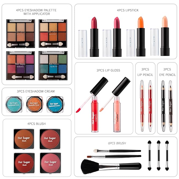 Hot Sugar Makeup Kit for Girls 10-12, Teen Girls Makeup Set for Beginners With Eye Shadow Palette, Blush, Lip Gloss, Brush, Mirror (Black Bubble)