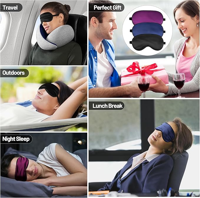 Sleep Mask, Silk Eye Mask for Sleeping with Adjustable Strap, Blindfold Eyeshade for Men & Women, Comfortable & Soft Eye Cover Eyeshade for Night Sleep (Black, Blue, Purple)