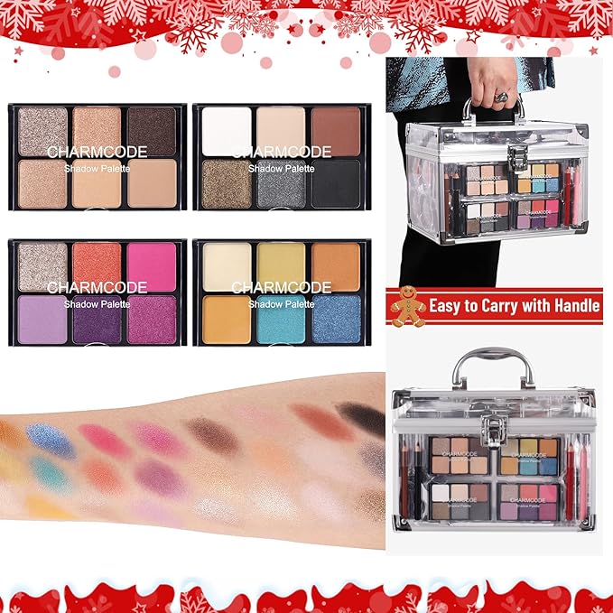 Makeup Kit for Women Full Kit - Eyeshadow Palette, Lipsticks, Lipgloss, Blushes, Contour, Highlighters, Makeup Pencil, False Eyelashes, Re-usable Train Case Gift Set for Teen Girls Starters Pros