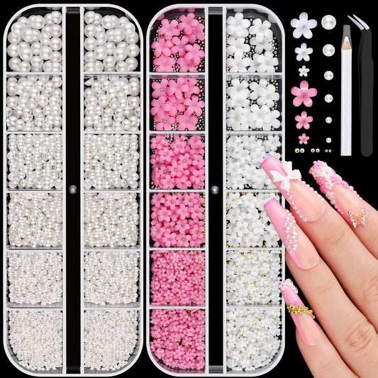 Flatback Pearls (White) and 3D Flowers for Nail Art, Pearl Nail Charms and Nail Flowers Blossom with Small Round Caviar Nail Beads Nail Accessories for Acrylic Nail Tips Manicure Decor