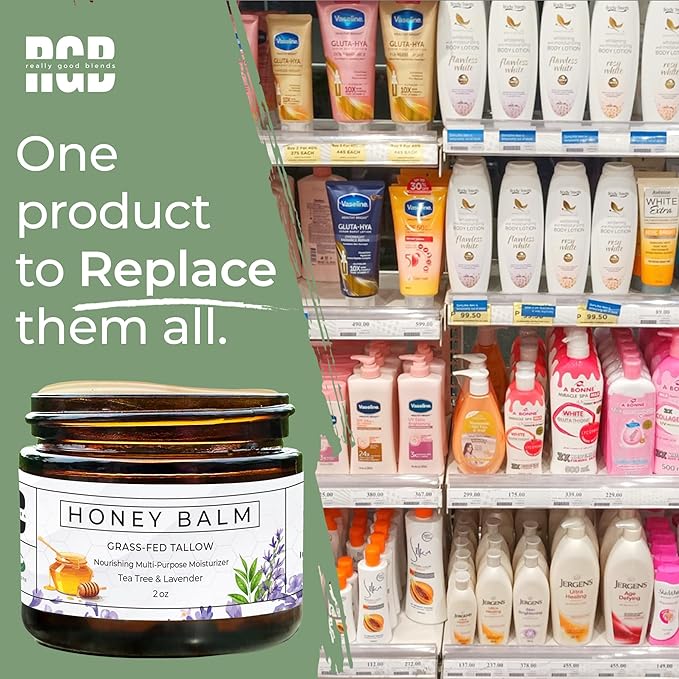 Tallow and Honey Balm, Organic Body Butter, Grass-Fed Beef Tallow for Skin, Soothing All-Natural Moisturizer for Body and Face | Made in USA - 2 oz (Tea Tree & Lavender)