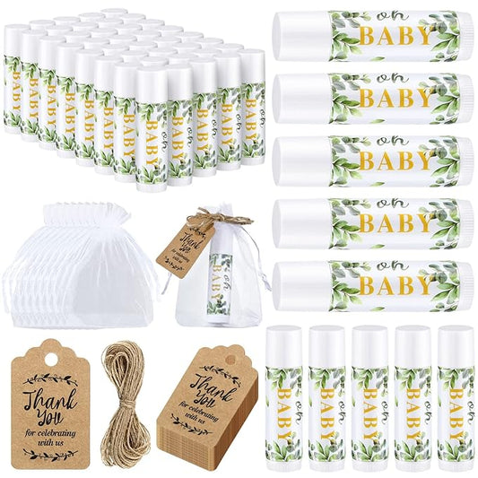 Demissle 50 Pcs Baby Shower Lip Balm Gift Set with 100 Pcs Organza Bags Baby Shower Party Favor for Guest Thank You Tag Rope Baby Shower Party Decoration Gender Reveal Souvenirs (Leaves)