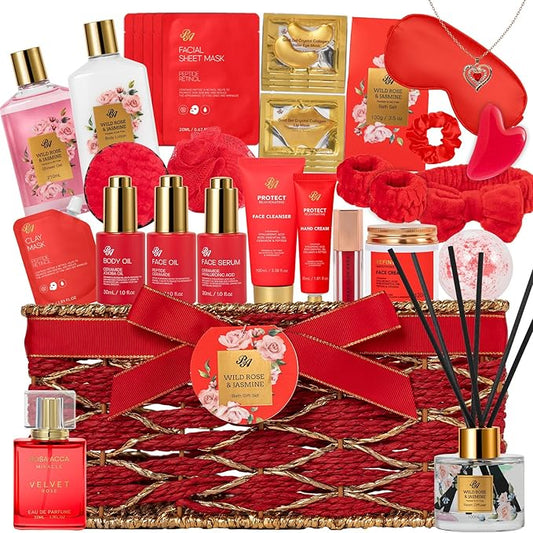 35 Pcs Christmas Gift for Women, Red Rose Bath and Body Basket Gift, Face Skin Care Kit, Home Spa Self Care, Lip Gloss, Diffuser, Necklace, Birthday, Valentines, Mother Day, Bridal Shower, Anniversary