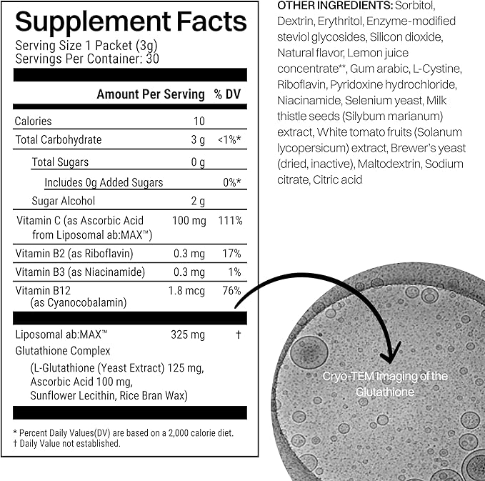 Liposomal Glutathione Powder, 125mg L-Glutathione Sugar-Free Flavored Packets, 100mg Vitamin C, Powerful Antioxidant Supplement for Skin, Beauty Health & Detox Support, 30 Packets - Lemon