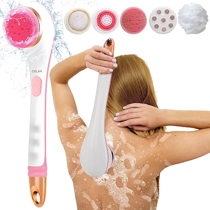 Body Brush Rechargeable, Electric Body Brush Set, Scrubber Shower Brush with Long Handle, Spin Skin Brush with 6 Brush Heads for Cleanse, Massage, exfoliate and Pamper Your Skin in The Shower (Pink)
