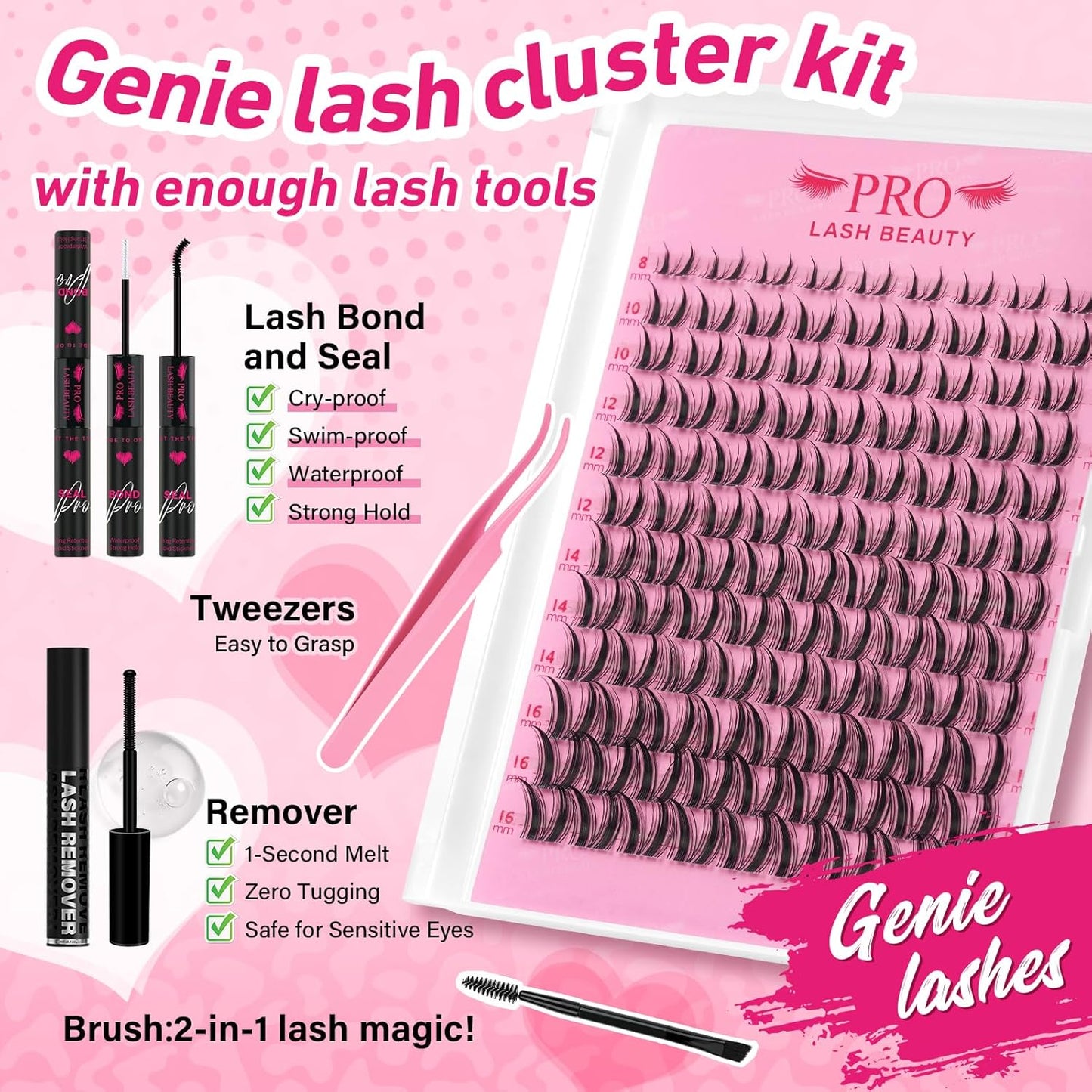 PROLASHBEAUTY Manga Lash Clusters Kit Wispy Eyelash Clusters DIY Lash Extension Kit Individual lashes Incisible Band Eyelash Extension Kit with Lash Glue, Tweezers Lash Brush (Genie,8-16mix)