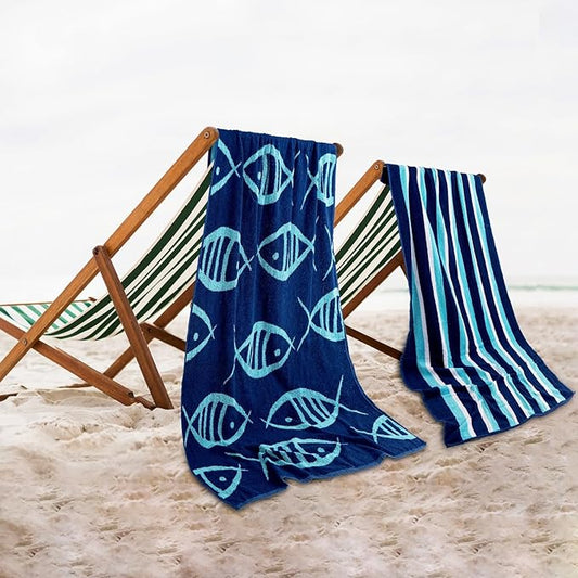 CASA COPENHAGEN Miami Bath Sheets Designed in Denmark Rough and Tough, Quick Dry, for Pool, Bath & Shower 35"x70", 2 Pieces Cotton Beach Towels Set - Fish Navy + Turquoise Stripe