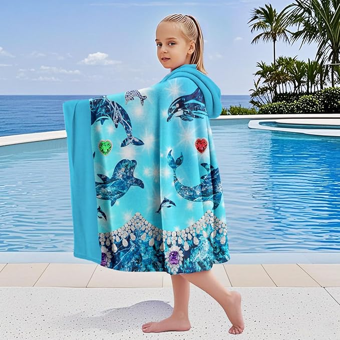 Dolphin Hooded Beach Towel for Girls, 35" x 60" Glittering Ocean Design Kids Poncho Bath Towel for Toddler, Light Blue Soft Absorbent with Hood for 3-10 Years Bathrobe for Swimming Pool Bath