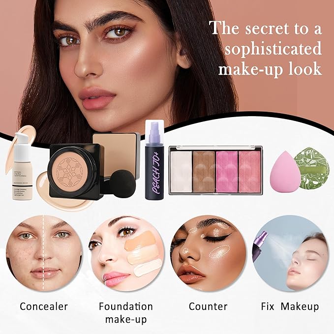 All In One Multipurpose Makeup Kit for Women,Travel Makeup Sets,Makeup Gift Full Kit,Includes Foundation Eyeshadow Palette Lipstick Mascara Eyeliner Blusher Cosmetic Brush Set with Makeup Bag-Set A