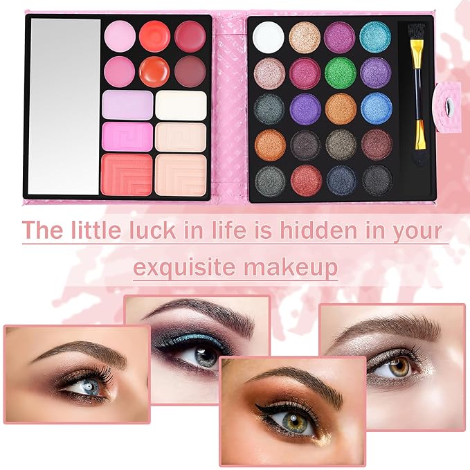 All-in-one Holiday Makeup Gift Set | Full Makeup Kit for Women Essential Starter Bundle Include 20 Highly Pigmented Shimmer Eyeshadow Palette,3 Blush,3 Face Powder, 6 Lipgloss, Brush