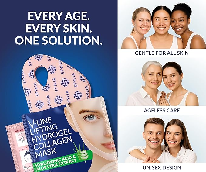 Stylia V Line Lifting Collagen Face Mask - Lift, Firm & Contour Jawline - Double Chin Strap with Hyaluronic Acid & Aloe Vera - Hydrating Neck & Face Tightening Mask - Chin Strap for Sleeping - 7PC