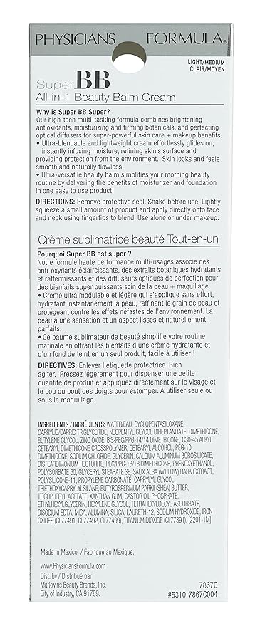 Physicians Formula Super BB Cream. All in 1 Tinted Beauty Balm Foundation Cream, Sheer Moisturizing Coverage, Cruelty Free Light/Medium