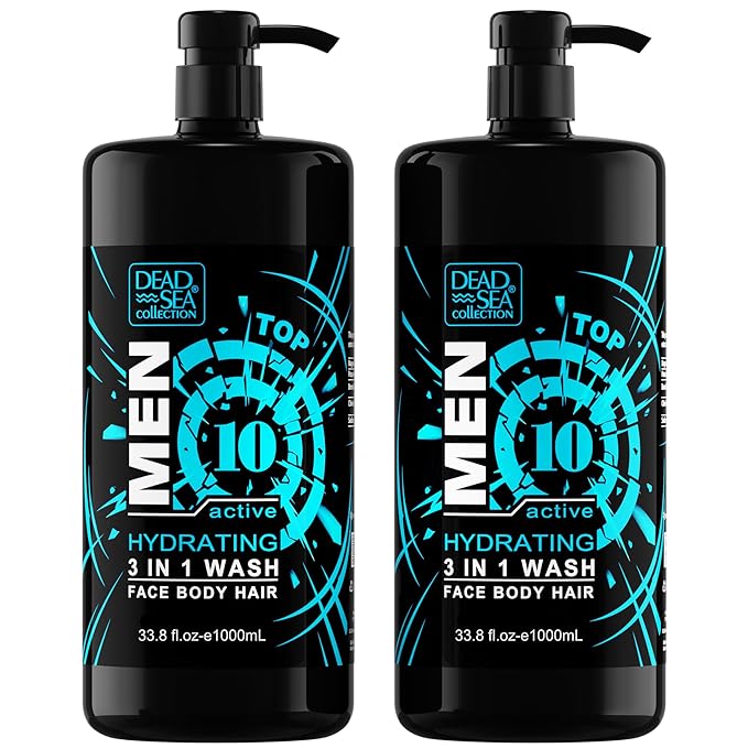 Dead Sea Collection TOP 10 ACTIVE Mens Body Wash 3 in 1 – Sandalwood Body Wash for Men – Shower Gel – Shampoo – Shower Soap for Face and Hair – Pack of 2 Bottles (33.8 Fl. Oz. Each)