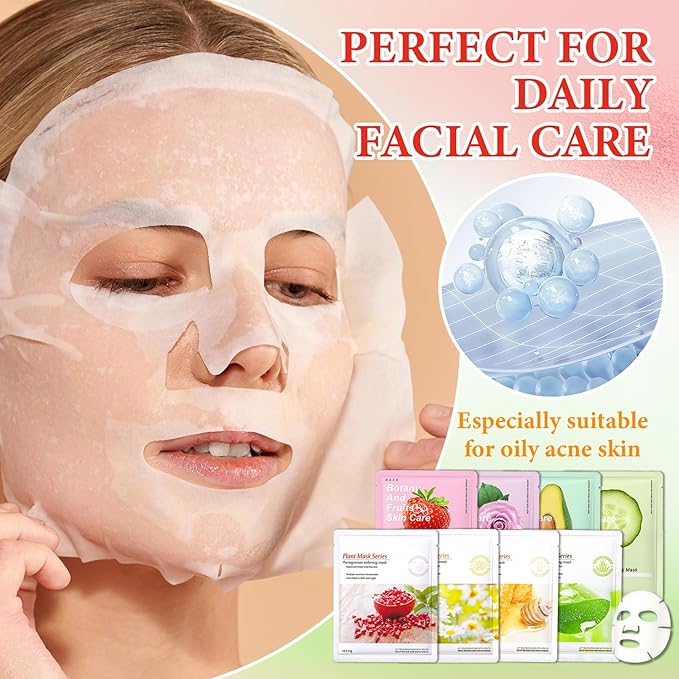 8 Pack Variety Facial Sheet Masks Skin Care Set, Hydrating Bulk Sheet Face Masks Skincare Gifts Set for Women Men, Long Lasting Moisturizing Face Mask Skincare for All Skin Type（01)