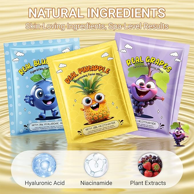 Erinde 14 Pack Fruit Face Masks Skincare for Kids, Sheet Hydrating Facial Mask for All Skin Types, Bulk Face Mask for Women Skin Care, Spa Birthday Party Gifts for Teens Girls