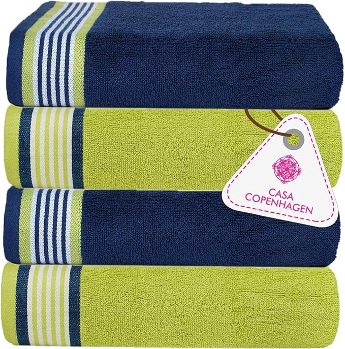 CASA COPENHAGEN He & She 4 Pieces Large Bath Towel Set- Violet Indigo + Teal Green, 550 GSM, Designed in Denmark Made of Soft Egyptian Cotton for Bathroom, Kitchen & Shower