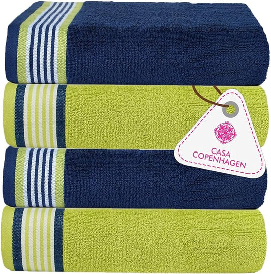 CASA COPENHAGEN He & She 4 Pieces Large Bath Towel Set- Violet Indigo + Teal Green, 550 GSM, Designed in Denmark Made of Soft Egyptian Cotton for Bathroom, Kitchen & Shower