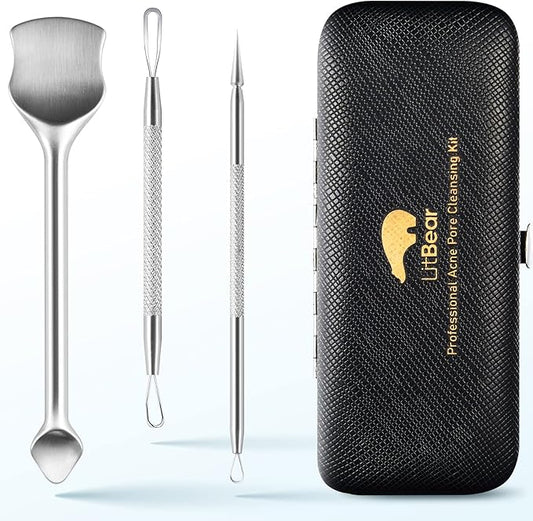 LitBear Pore Prep Tool, Blackhead Remover Pimple Popper Tool Kit, Stainless Steel Blackhead Extractions Tool for Acne, Whitehead Popping, Blemish, Comedone, Black