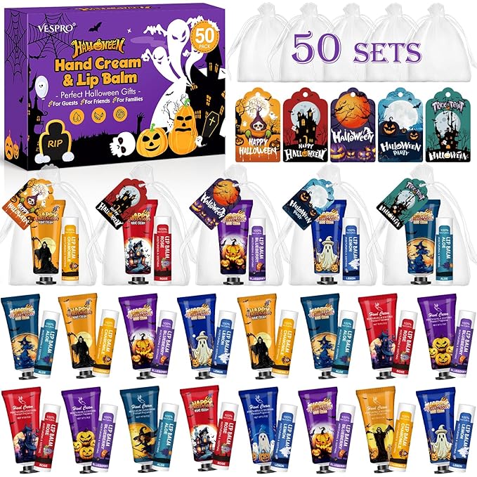 VESPRO 50 Pack Halloween Hand Cream and Lip Balm Set, Bulk Halloween Gifts with Halloween Cards and Organza Bag, Halloween Decorations and Halloween Party Favors Goodies for Women