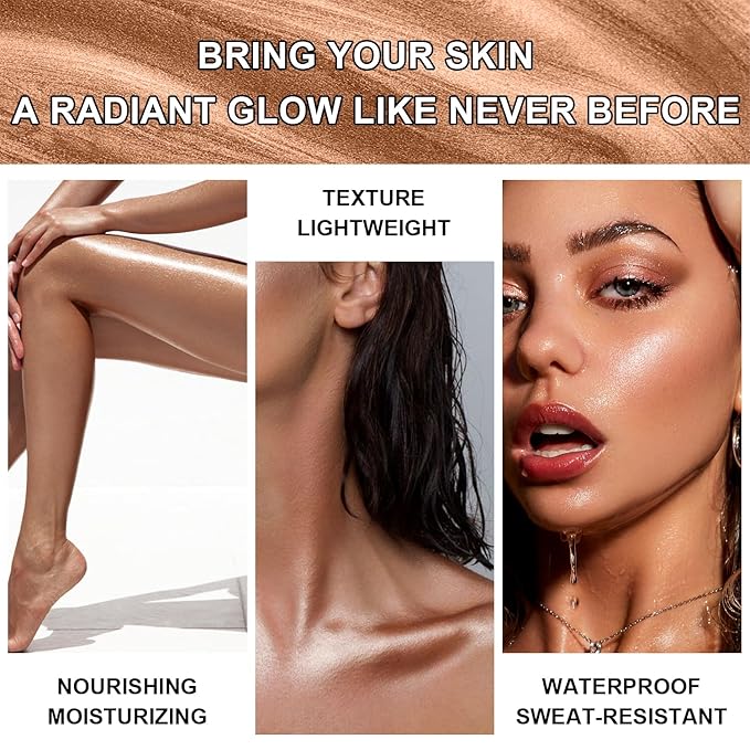 Shimmer Body Oil, SPF 45 Broad Spectrum, Sunscreen Face and Liquid Luminizer Waterproof Moisturizing, Light Shimmer Glow Illuminator, Smooth Body Highlighter Makeup (#03 Glistening Bronze)