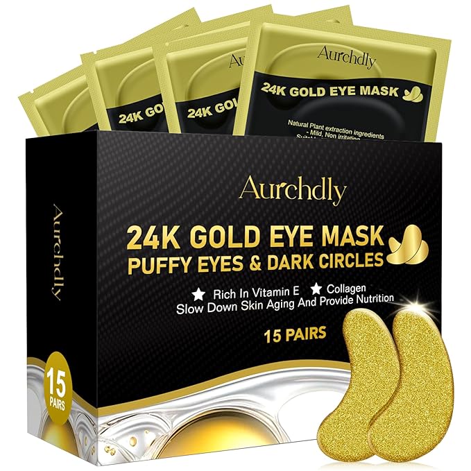 Under Eye Patches(15 Pairs), 24K Gold Eye Mask for Dark Circles, Puffy Eyes and Wrinkles, with Hyaluronic Acid & Collagen