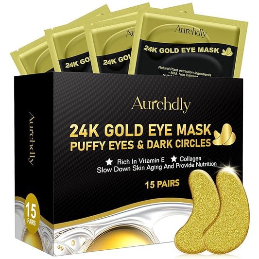 Under Eye Patches(15 Pairs), 24K Gold Eye Mask for Dark Circles, Puffy Eyes and Wrinkles, with Hyaluronic Acid & Collagen