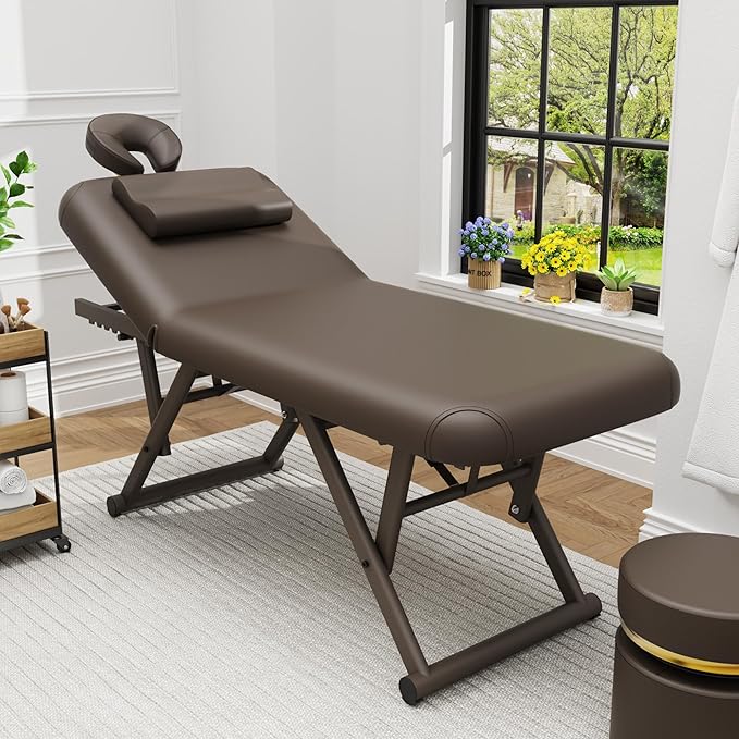 Dolonm Height Adjustable Massage Table with Face Pillow & Headrest for Treatment Table, Physical Therapy Table, Spa Facial Professional Massage Bed - Adjustable Backrest, Brown
