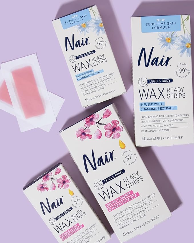 Nair Hair Remover Wax Ready Strips for Legs & Body, No Mess Waxing Kit for Hair Removal, 3-pack Wax Strips, 40ct Each Wax Kit
