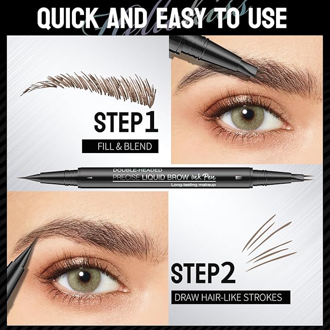 Microblading Eyebrow Pen, Curved Eyebrow Pencil 2-in-1 Dual-Ended Eyebrow Pencil 2-Fork-Tip and Single Tip Creates Natural Eyebrows Waterproof Long-lasting (Black Brown)