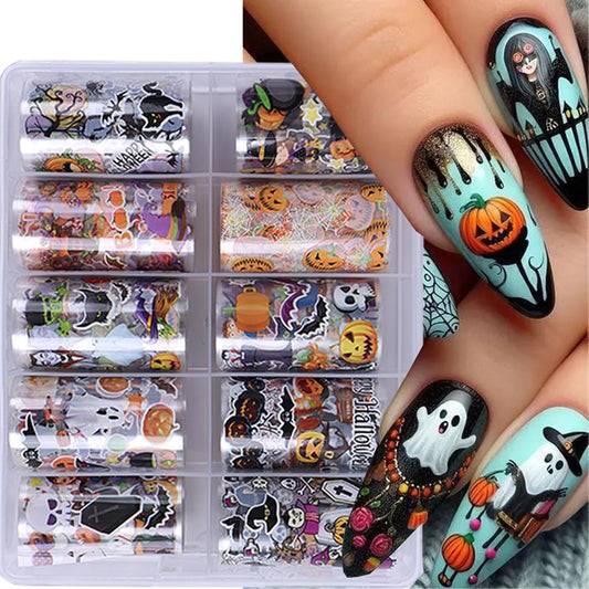 Halloween Nail Art Stickers Decals Pumpkin Ghost Skull Design Nail Accessories for Women and Girls Nail Decorations 10 Sheets Stickers for Halloween Party Decor
