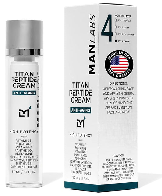 Titan Peptide Anti-Aging Mens Face Cream – Mens Face Moisturizer – For Men, Face Lotion – Men, Skin Care – Tighten, Firm, Revitalize – Peptides, Vitamin C & E, Squalane – All Skin – Unscented