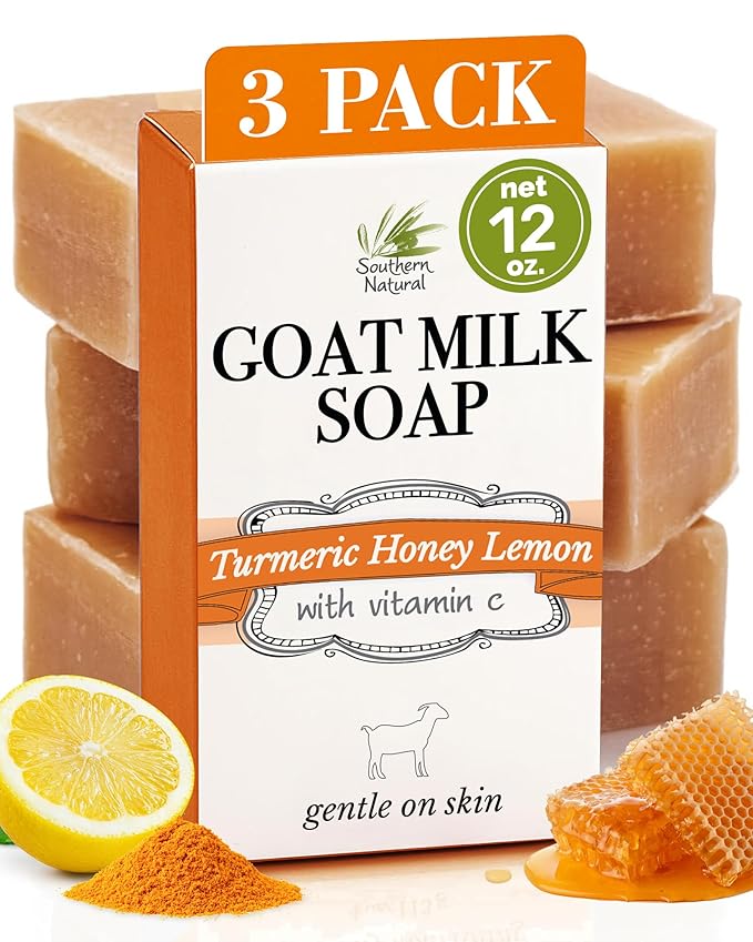 Southern Natural Turmeric Honey Lemon Goat Milk Soap - Handmade, All Natural Turmeric Soap Bar for Face & Body. Gentle Hydration & Nourishment For A Natural Glow & Even Skin Tone, 3 Pack