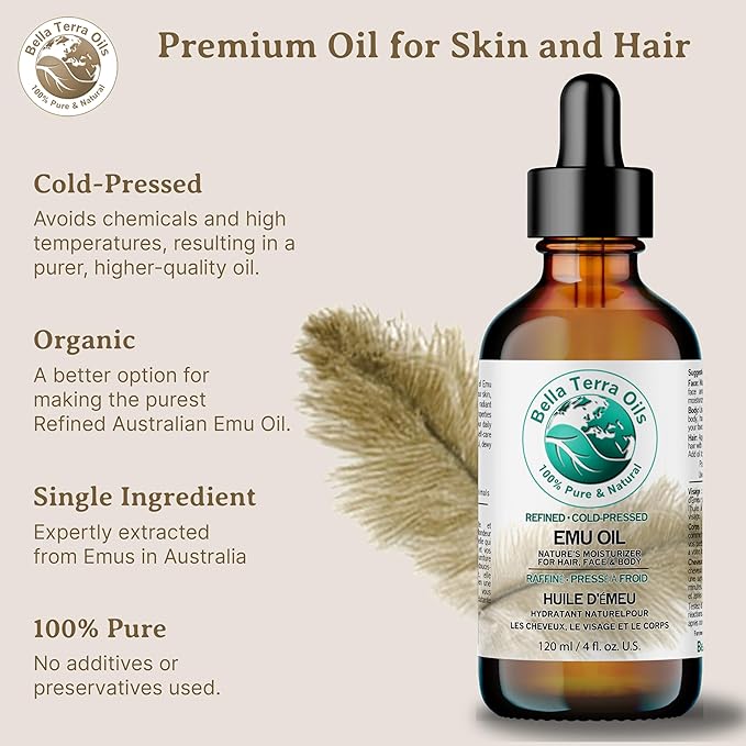Bella Terra Oils - Emu Oil 8 oz - Australian Legacy, Famed for Omega-3, Omega-6 & Omega-9, The Natural Secret to Radiant Skin