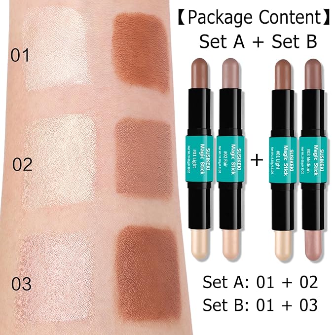Contour Stick, 4Pcs Dual-Ended Highlighter Makeup Pen & Contouring Stick for Face Shaping, Long Lasting Waterproof Cream Bronzer & Highlight Sticks Make Up Kit for All Skin Tones(Set A+Set B)
