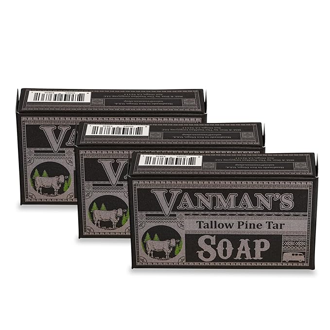 VanMan Tallow & Pine Tar Soap Bar – Grass-Fed Beef Tallow with Organic Oatmeal, Charcoal & Essential Oils – Exfoliating Face & Body Soap, 3.8oz - 3 Pack