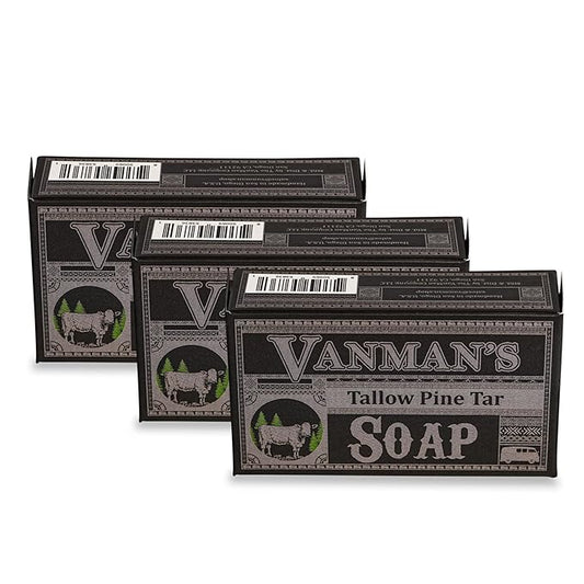 VanMan Tallow & Pine Tar Soap Bar – Grass-Fed Beef Tallow with Organic Oatmeal, Charcoal & Essential Oils – Exfoliating Face & Body Soap, 3.8oz - 3 Pack