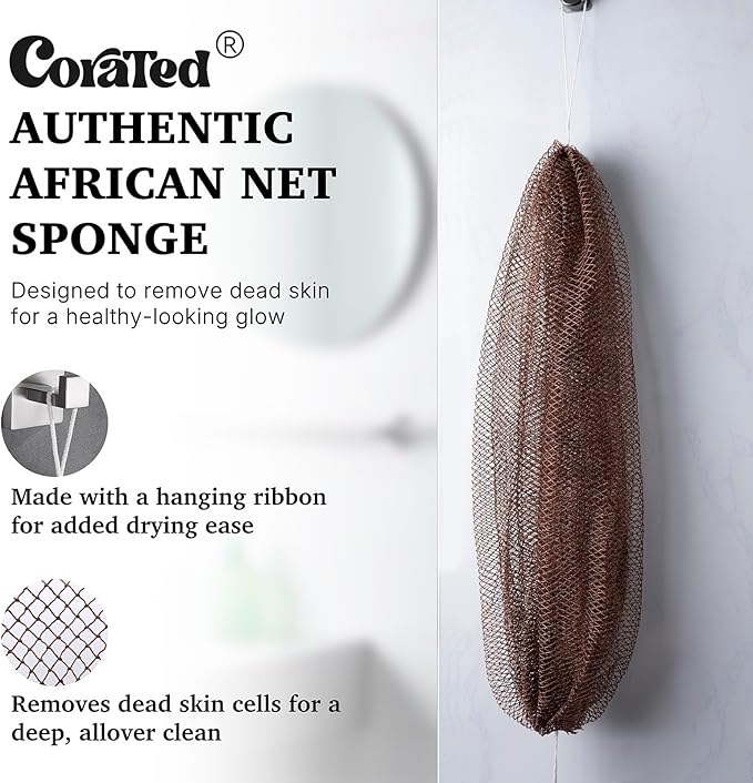 CORATED African Net Sponge Authentic, Shower Loofah Exfoliating Bath Sponge, Body Scrubber for Women and Men Daily Use Body Care, Travel Portable, Durable Bath Accessories for Bathroom (Linen & Brown)