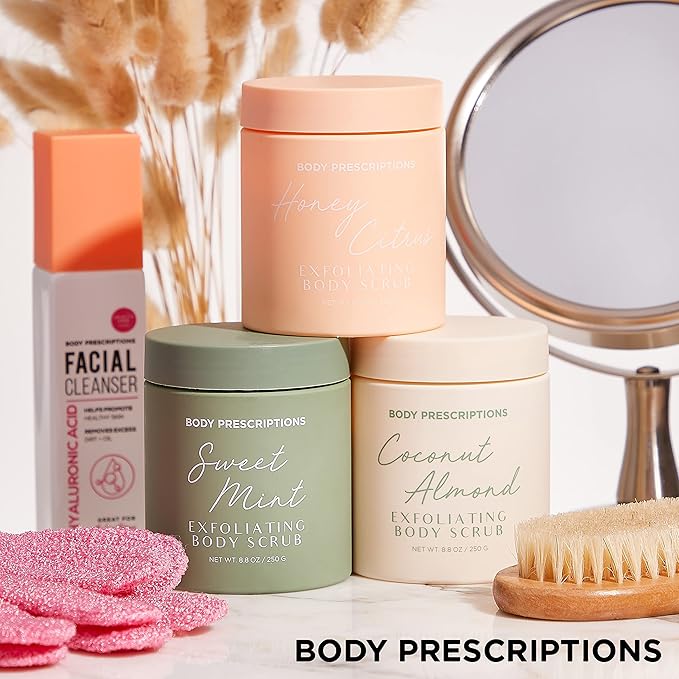 Body Prescriptions Exfoliating Body Scrub – Body Cleanser for Nourished, Ultra-Smooth Skin, Honey Citrus, Coconut Almond, and Sweet Mint