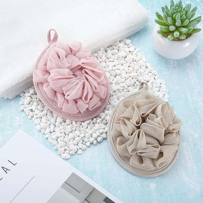 Boao 3 Pcs Bath Shower Pouf Sponge Mesh Pouf Shower Ball Exfoliating Body Sponge Pad Scrubber Glove with Flower Bath Ball (Khaki,Dark Brown,Dark Pink)
