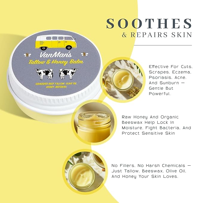 Vanman’s - Tiny Tallow and Honey Balm - Unscented Face Moisturizer with Grass-Fed/Finished Beef Tallow, Honey, and Vitamins A, K, D, E - 0.25 oz