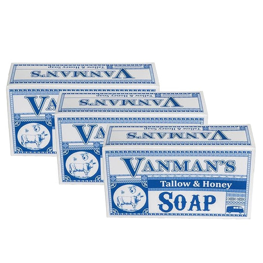 VanMan Beef Tallow and Honey Bar Soap – Pure Grass-Fed Beef Tallow for Skin with Vanilla Oil, Raw Honey & Distilled Water, Hydrating & Nourishing, Vanilla Scent, Clean Ingredients, 3.8oz - 3 Pack