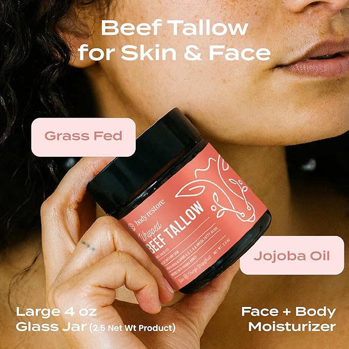 Body Restore Grass Fed Whipped Beef Tallow for Skin, Face, Body, Dry Skin - with Manuka Honey, Jojoba Oil, Birthday Gifts for Women, Men, Travel Essentials, Self Care - Citrus